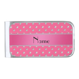 Personalized name pink diamonds pink stripe silver finish money clip