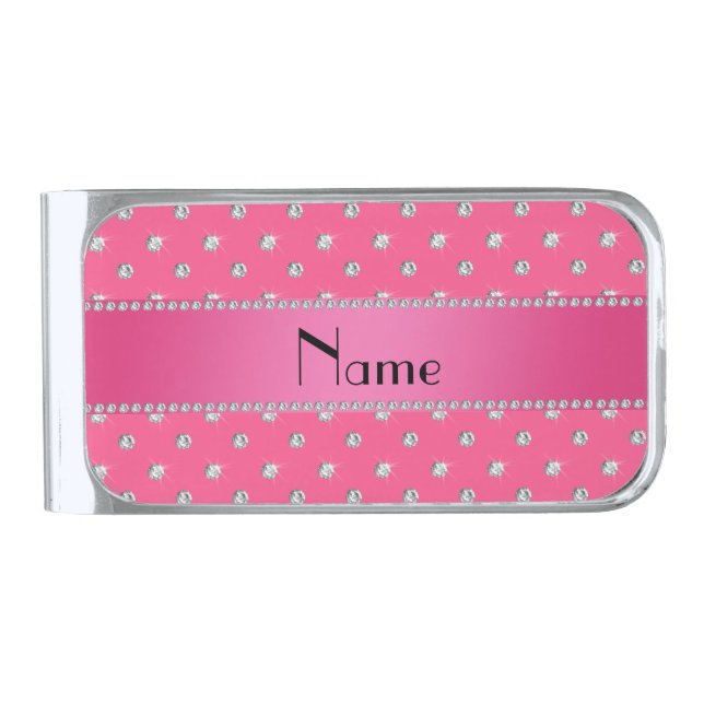 Personalized name pink diamonds pink stripe silver finish money clip (Front)