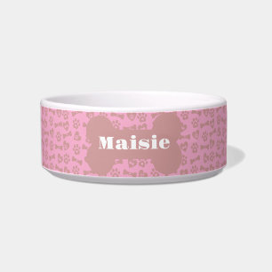 Personalized Name Pink Dog Bones Paws And Hearts Bowl