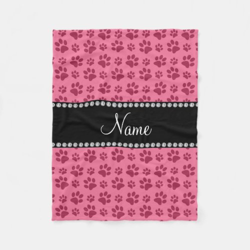 Personalized name pink dog paw prints fleece blanket