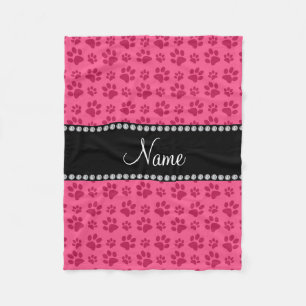 Personalized name pink dog paw prints fleece blanket