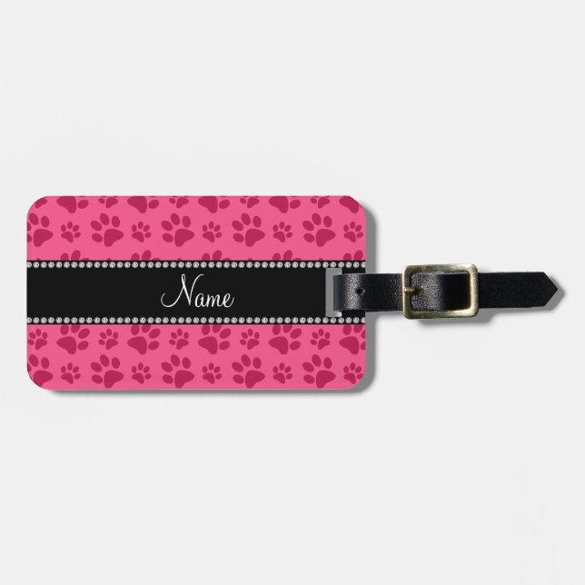 Personalized name pink dog paw prints luggage tag (Front Horizontal)