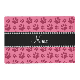 Personalized name pink dog paw prints placemat