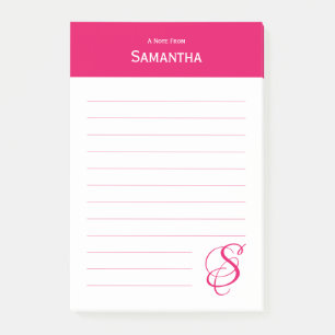 Personalized Name Pink Elegant Monogram Lined Post-it Notes