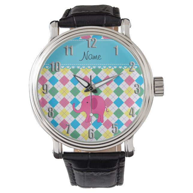 Personalized name pink elephant colorful argyle watch (Front)