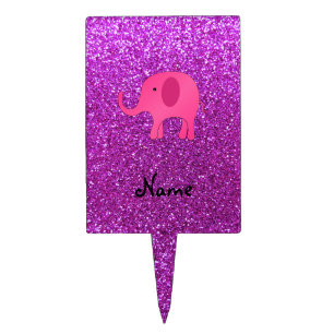 Personalized name pink elephant purple glitter cake topper
