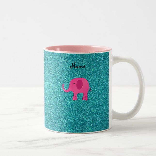 Personalized name pink elephant turquoise glitter Two-Tone coffee mug (Right)