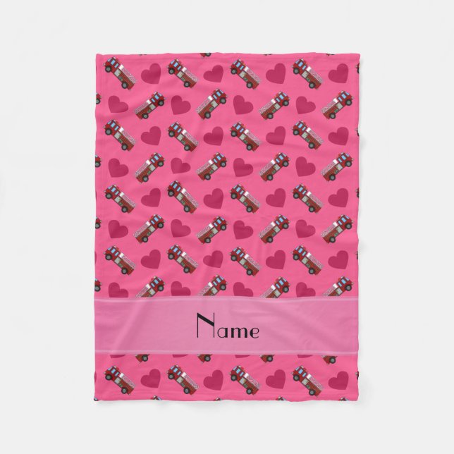 Personalized name pink fire trucks hearts fleece blanket (Front)