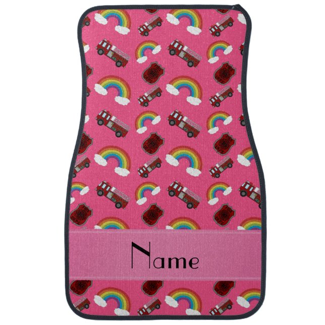 Personalized name pink fire trucks rainbows car floor mat (Front)
