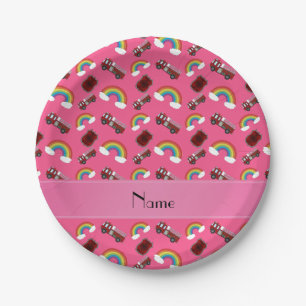 Personalized name pink fire trucks rainbows paper plates
