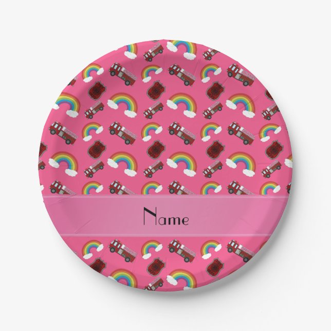 Personalized name pink fire trucks rainbows paper plates (Front)