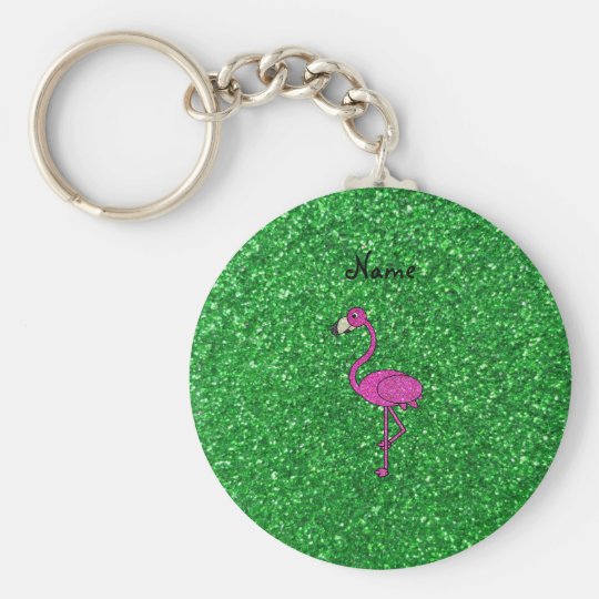 Personalized Name Pink Flamingo Green Glitter Keychain Zazzle Com