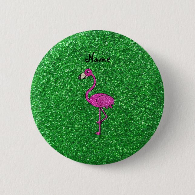 Personalized name pink flamingo green glitter pinback button (Front)