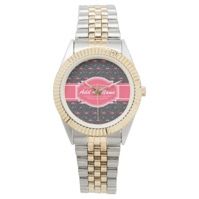 Personalized Name Pink Flamingo Pattern Watch (Front)