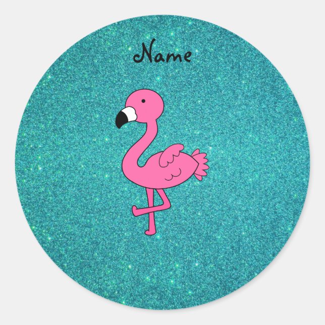 Personalized name pink flamingo turquoise glitter classic round sticker (Front)