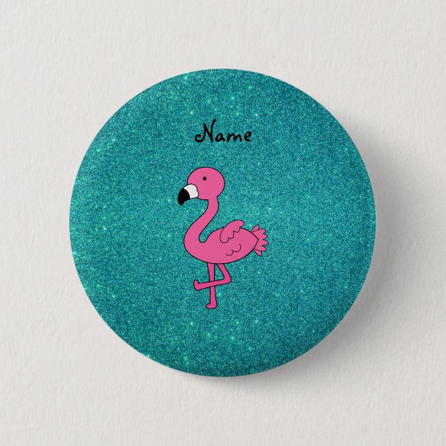Personalized name pink flamingo turquoise glitter pinback button (Front)