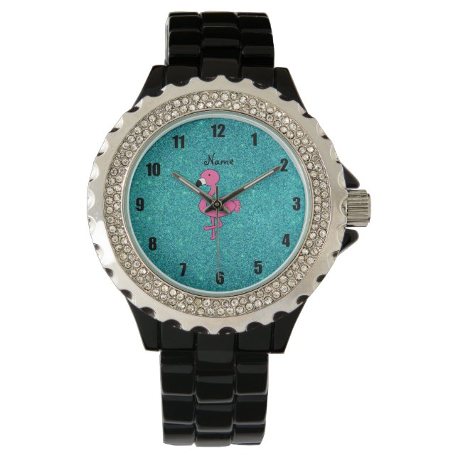 Personalized name pink flamingo turquoise glitter watch (Front)