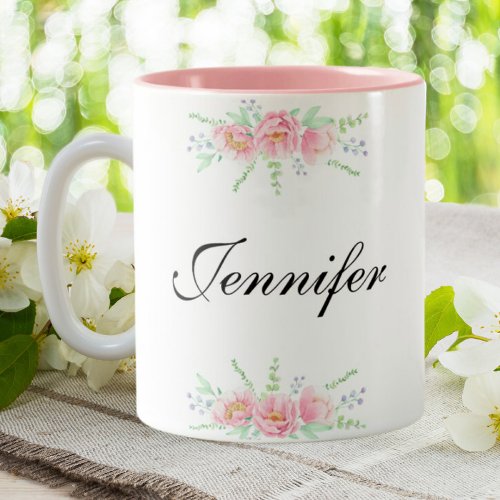 Personalized Name Pink Floral Custom Coffee   Two_Tone Coffee Mug