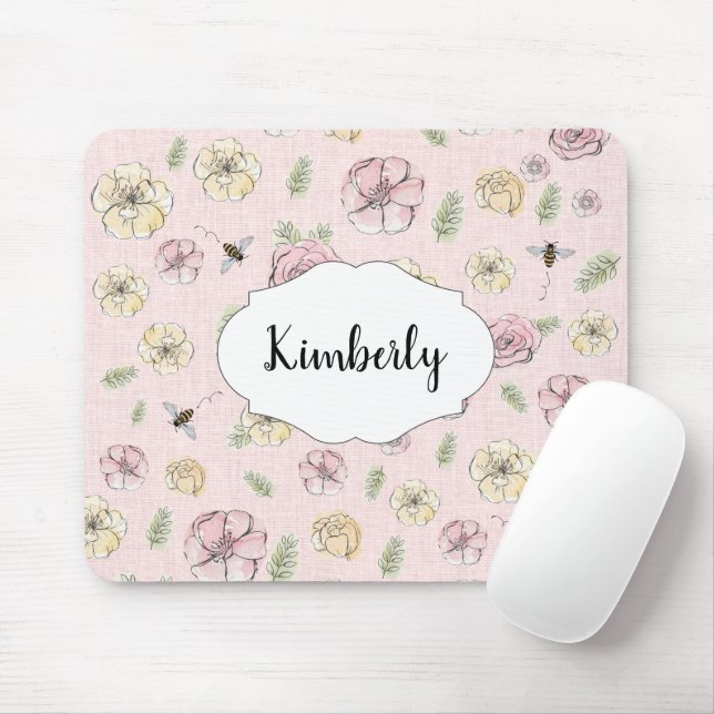 Personalized Name Pink Floral Mouse Pad (With Mouse)