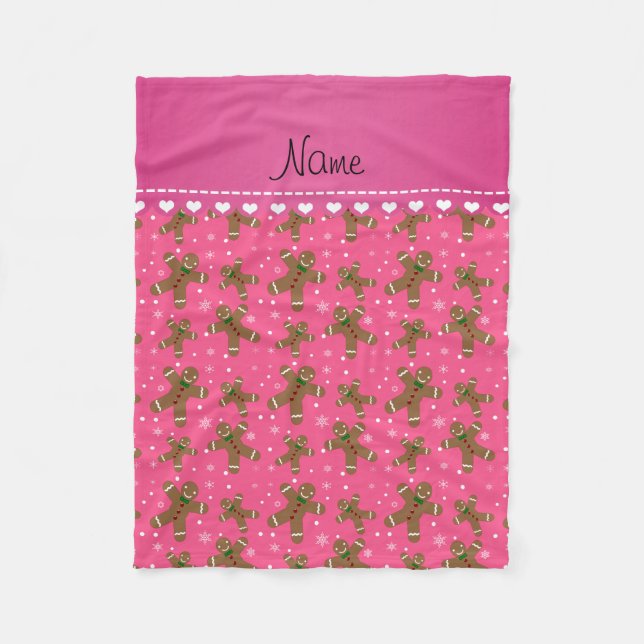 Personalized name pink gingerbread snowflakes fleece blanket (Front)
