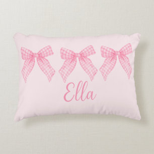 Personalized Name Pink Gingham Coquette Bow Pillow