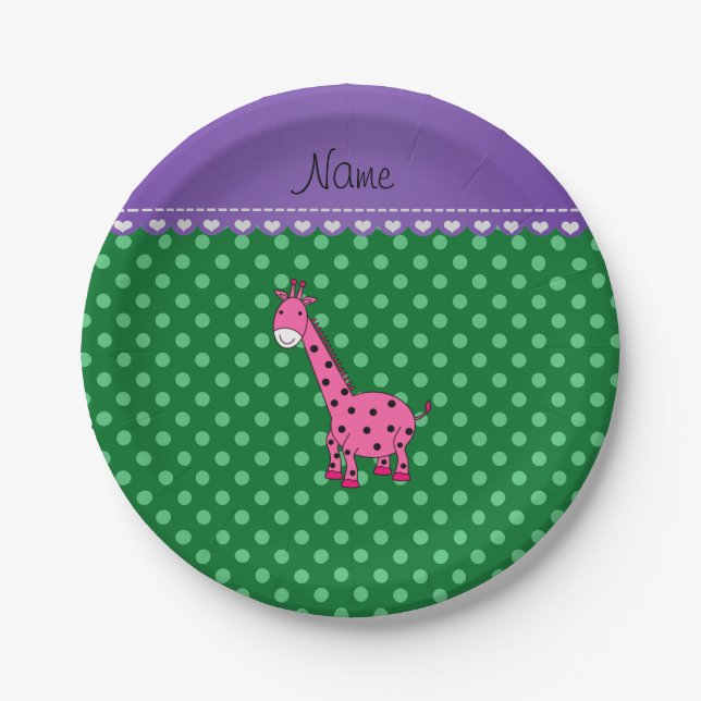 Personalized name pink giraffe green polka dots paper plates (Front)