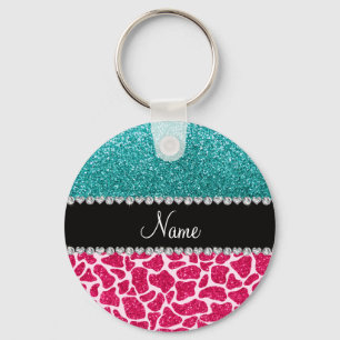 Personalized name pink giraffe turquoise glitter keychain