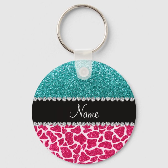Personalized name pink giraffe turquoise glitter keychain (Front)