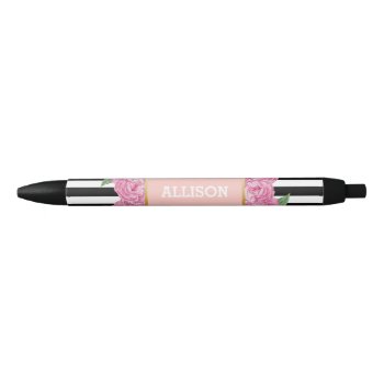 Personalized Name Pink Glam Black Stripes Peony Black Ink Pen by adams_apple at Zazzle