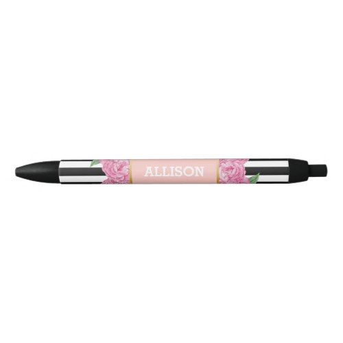 Personalized Name Pink Glam Black Stripes Peony Black Ink Pen