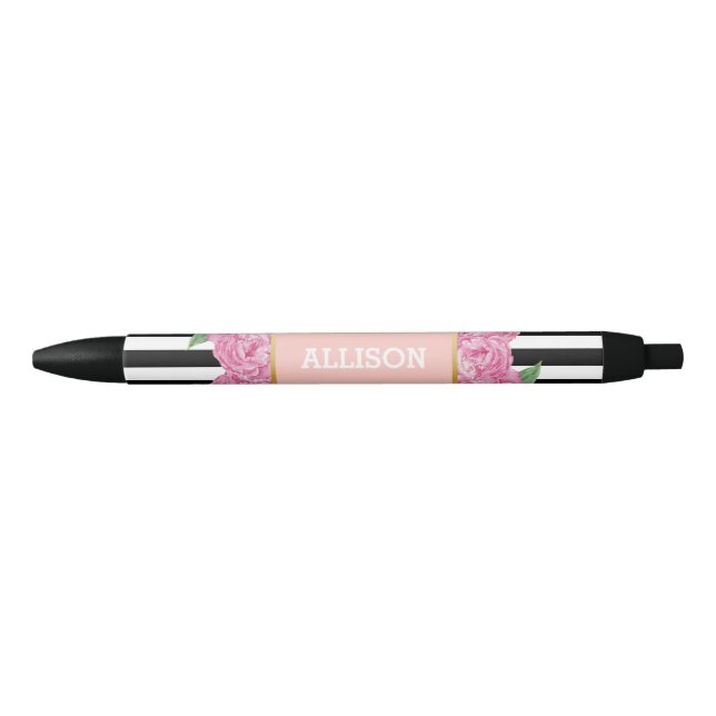 Personalized Name Pink Glam Black Stripes Peony Pen (Front)