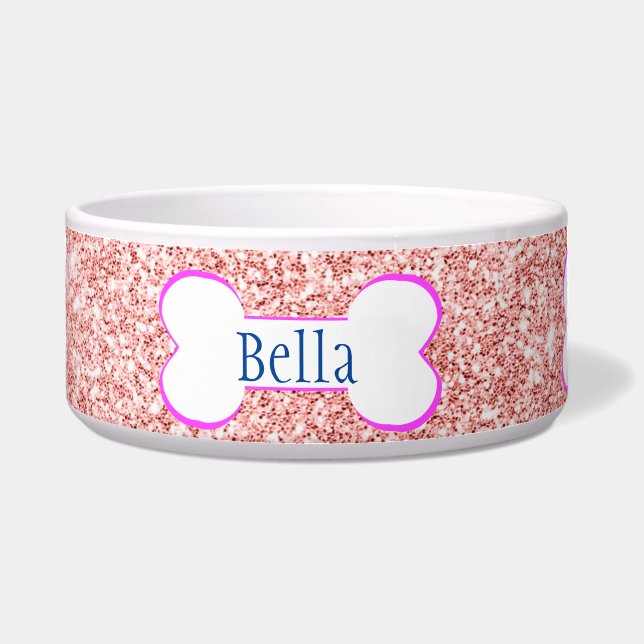 Personalized Name Pink Glitter Bone Bowl (Front)
