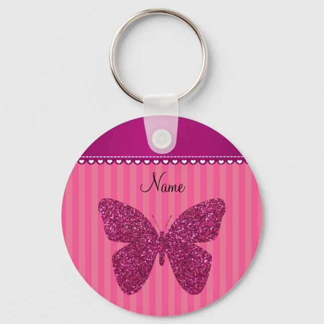 Personalized name pink glitter butterfly keychain (Front)