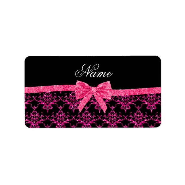 Personalized name pink glitter damask pink bow label (Front)