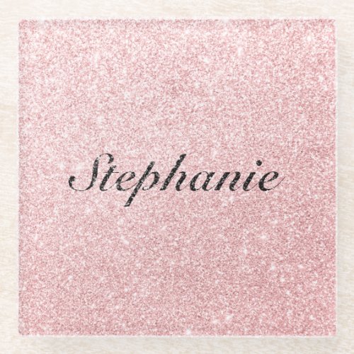 Personalized Name Pink Glitter Sparkle Style Glass Coaster
