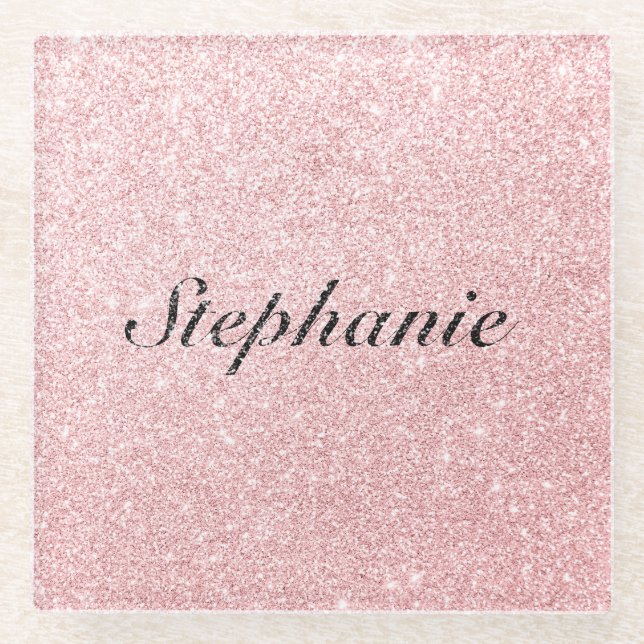 Personalized Name Pink Glitter Sparkle Style Glass Coaster (Front)