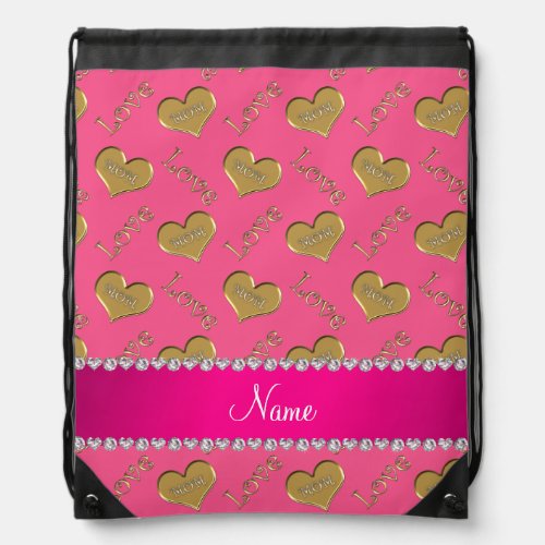Personalized name pink gold hearts mom love drawstring bag