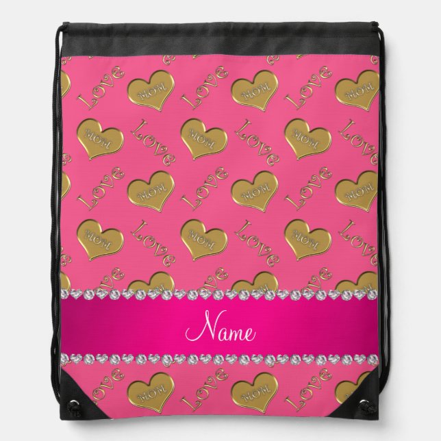 Personalized name pink gold hearts mom love drawstring bag (Front)