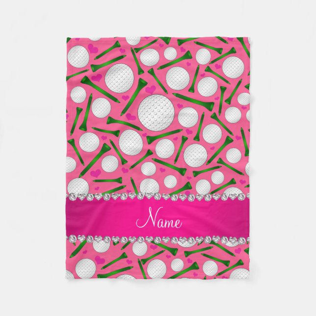 Personalized name pink golf balls tees hearts fleece blanket (Front)