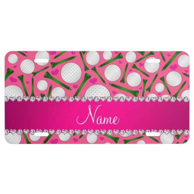 Personalized name pink golf balls tees hearts license plate (Front)