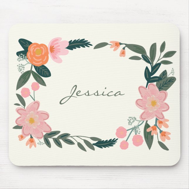 Personalized Name Pink Green Garden Floral Mouse Pad (Front)