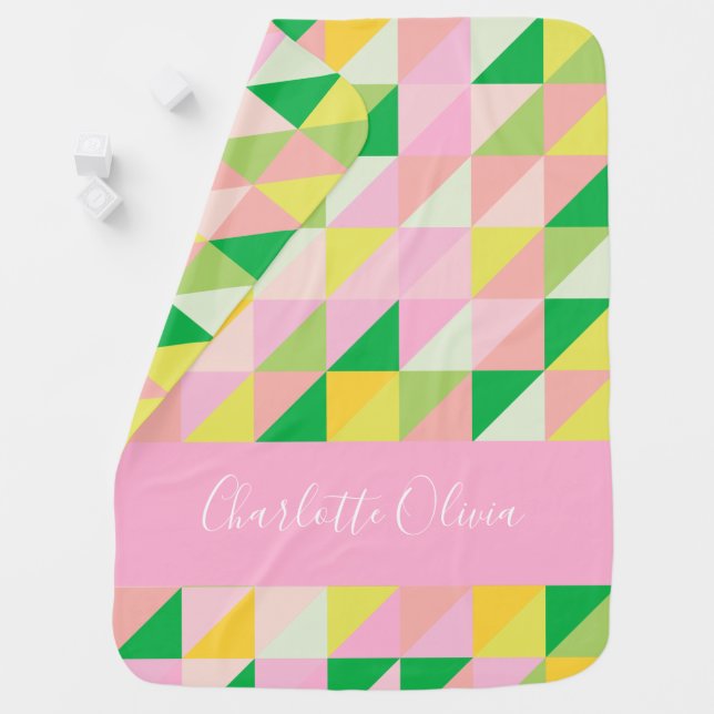Personalized Name Pink Green Girl Nursery Colorful Baby Blanket (In Situ)