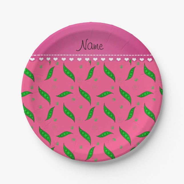 Personalized name pink green peapods paper plates (Front)