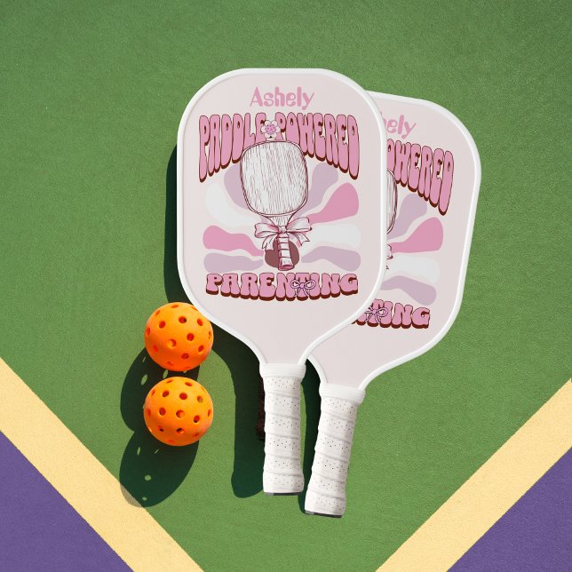 Personalized Name Pink Groovy Retro Mom Pickleball Paddle (Creator Uploaded)
