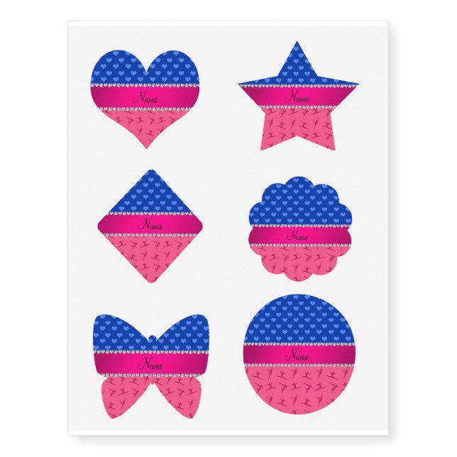 Personalized name pink gymnastics blue hearts temporary tattoos (Front)