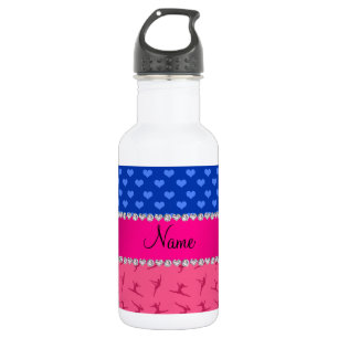 Personalized name pink gymnastics blue hearts water bottle