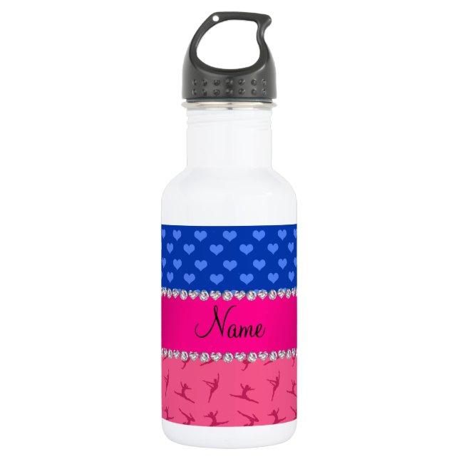 Personalized name pink gymnastics blue hearts water bottle (Front)