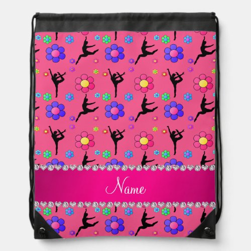 Personalized name pink gymnastics flowers drawstring bag