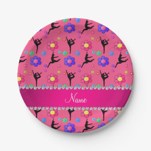 Personalized name pink gymnastics flowers paper plates