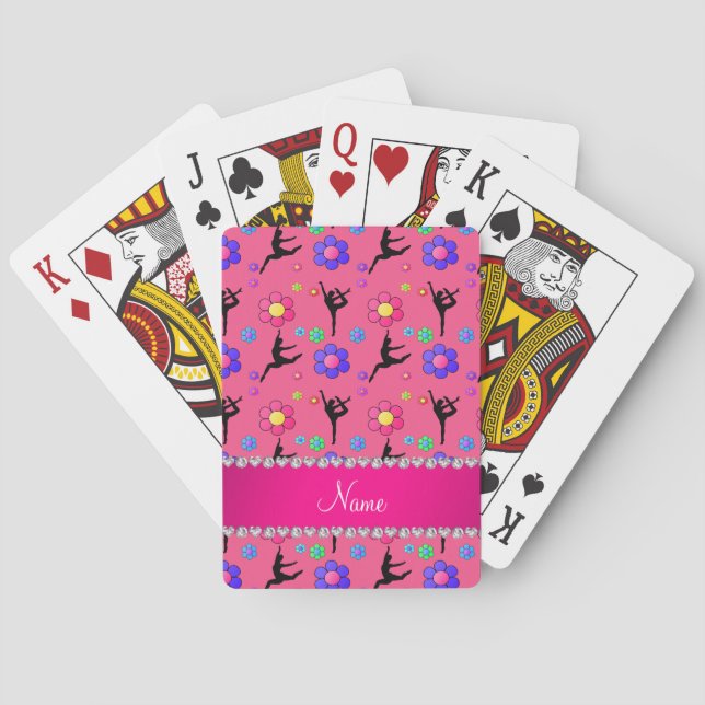 Personalized name pink gymnastics flowers poker cards (Back)